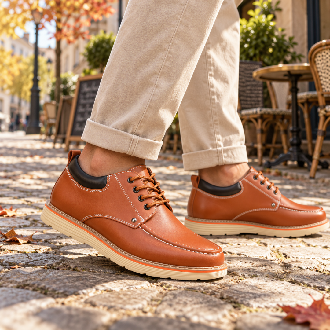 Derbies homme marron à lacets, bout mocassin surpiqué et semelle crème à liseré orange