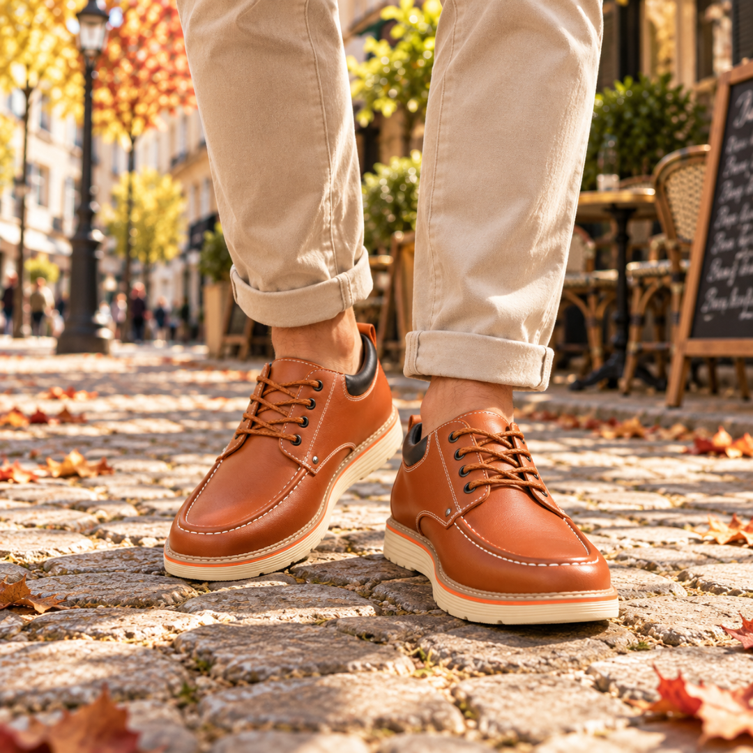 Paire de derbies homme marron portés dans la rue, œillets métalliques et surpiqûres claires