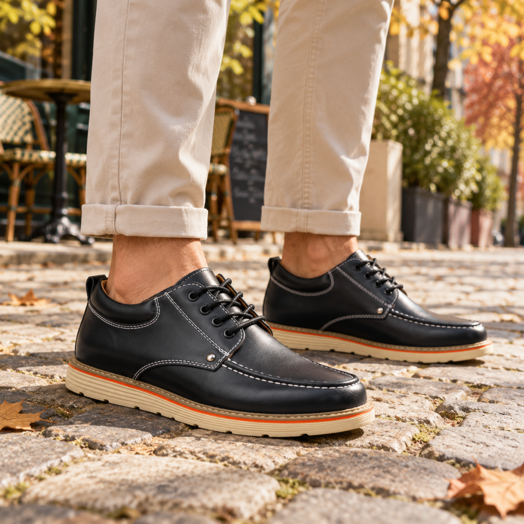 Derbies homme noirs à lacets, surpiqûres claires et semelle crème à liseré orange