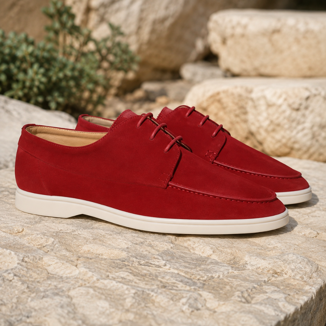 Derbies homme rouges à lacets ton sur ton et semelle blanche, posés sur pierre