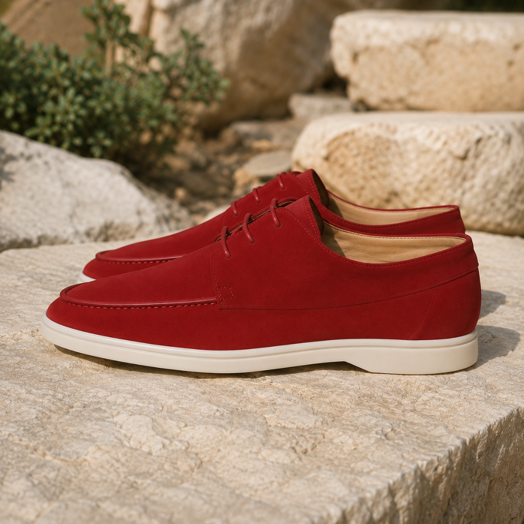 Paire de derbies rouges vue de profil, bout mocassin surpiqué et semelle blanche