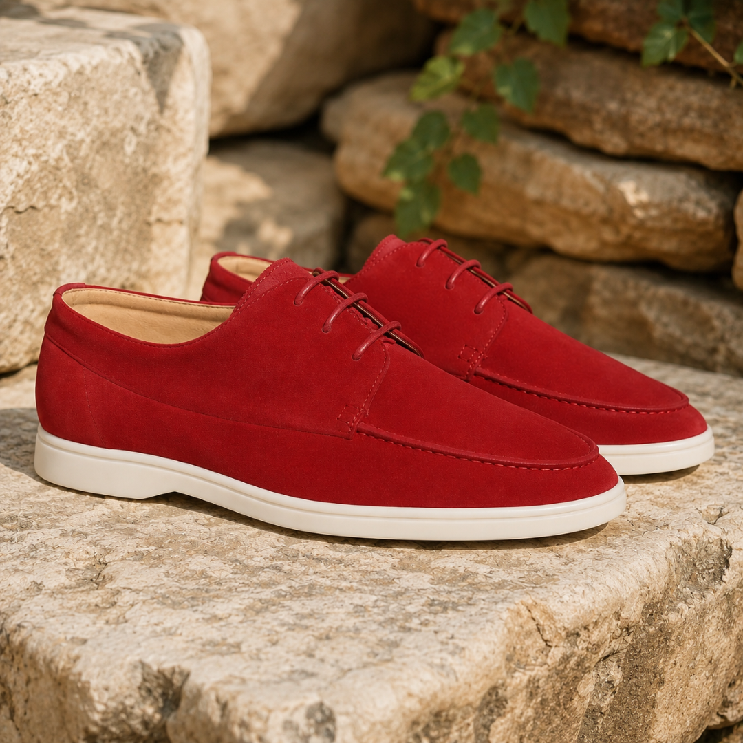 Derbies homme rouges à trois œillets, aspect mat et intérieur ton beige