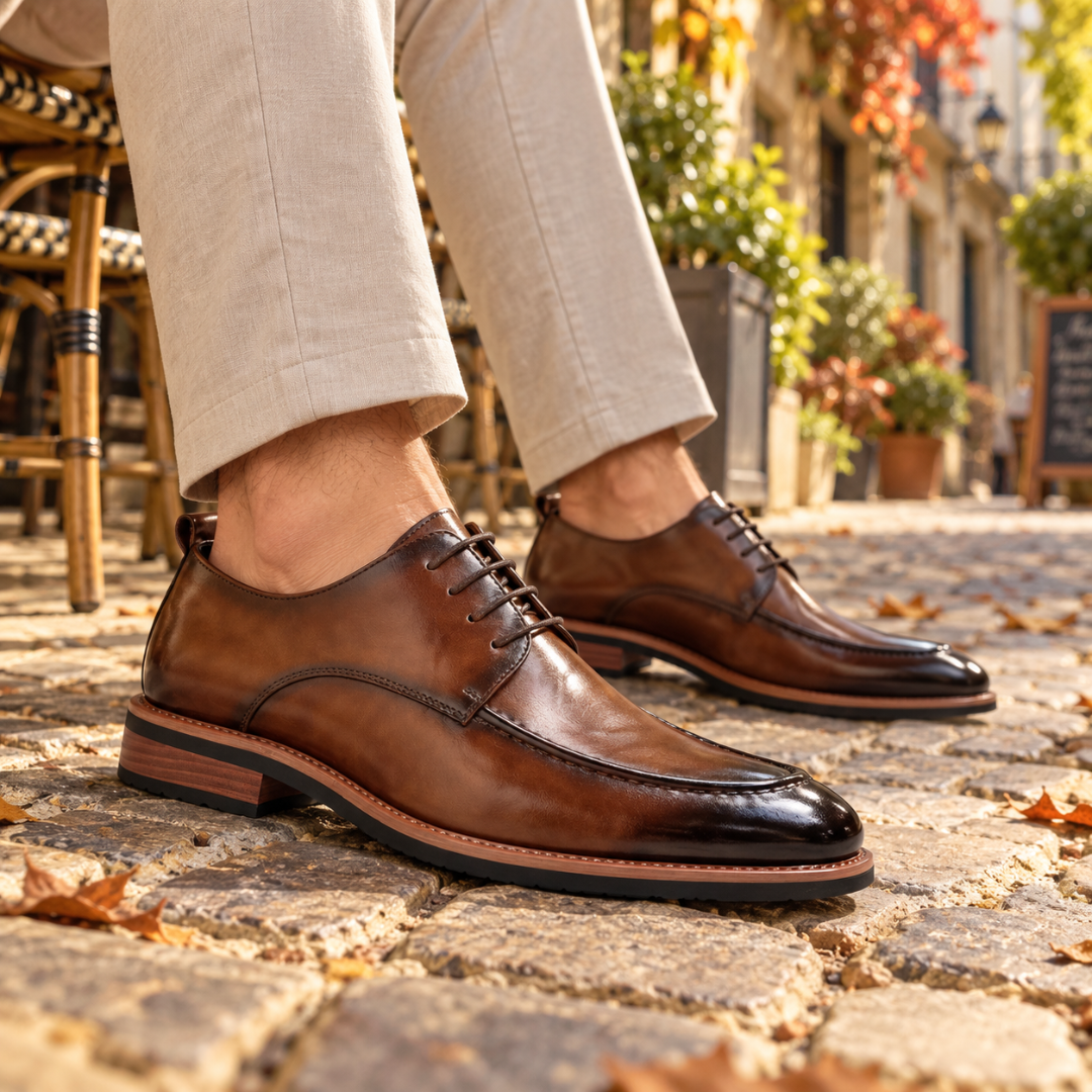 Derbies marron vus de profil, surpiqûre bout mocassin et semelle à talon empilé
