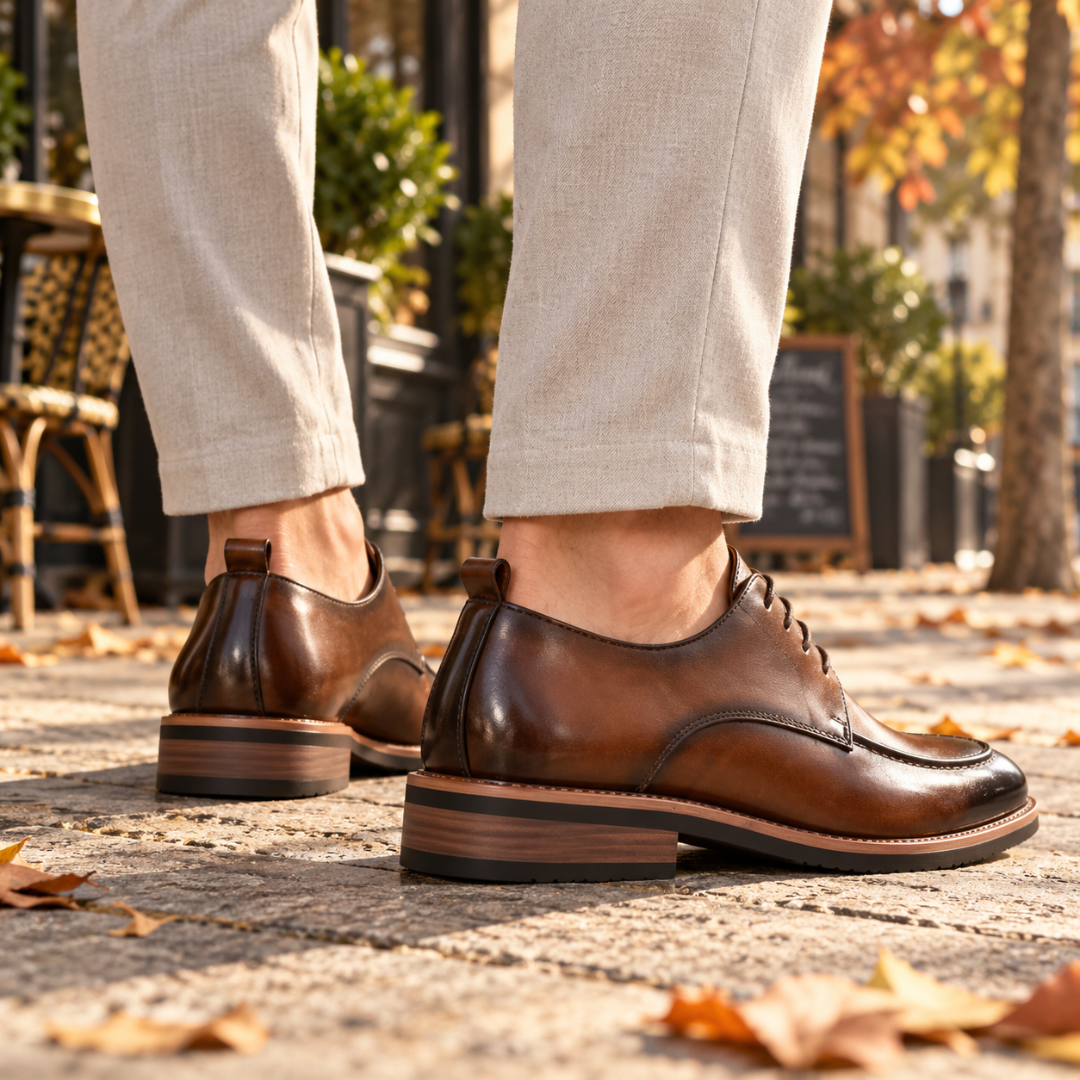 Arrière des derbies marron avec boucle de tirage au talon et semelle contrastée