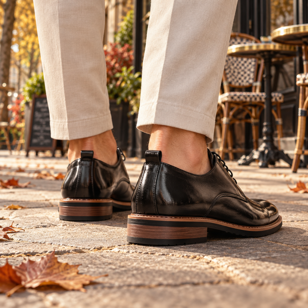 Talons des derbies noirs avec boucle de tirage et semelle à talon empilé