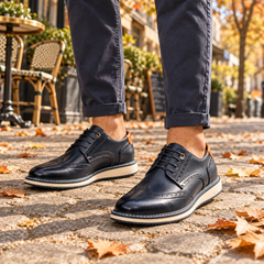 Derbies homme bleu marine à perforations brogue et semelle blanche, portés en ville