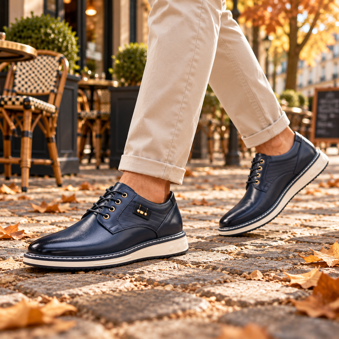 Derbies homme bleus à lacets et semelle blanche portés sur pavés en ville