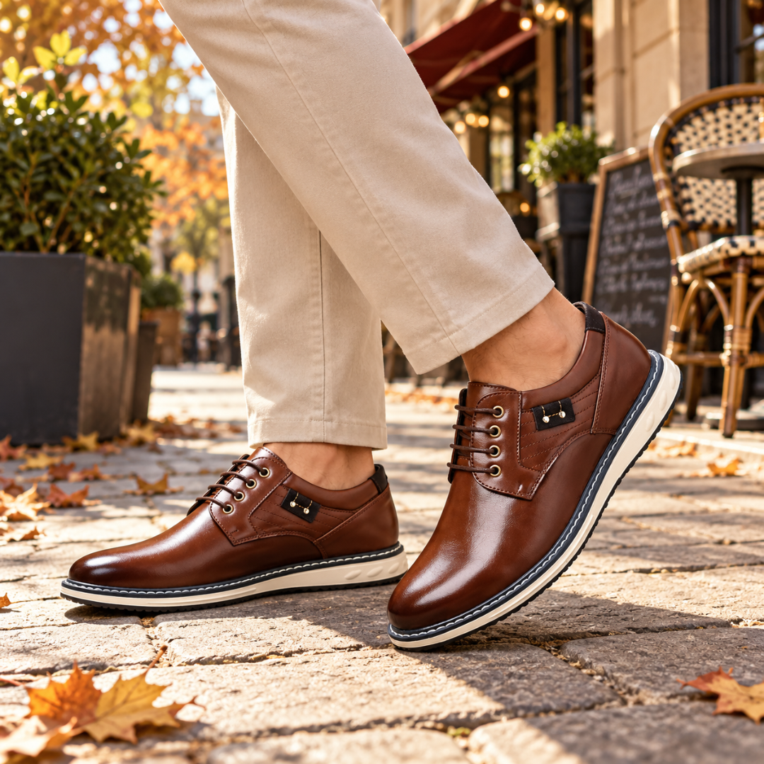 Derbies marron homme à lacets, œillets dorés et semelle blanche contrastante