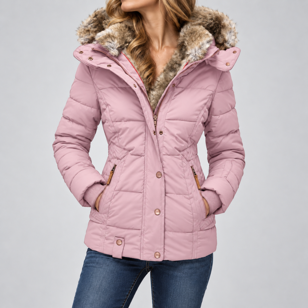 Doudoune rose poudré femme, capuche amovible bordée effet fourrure, vue de face