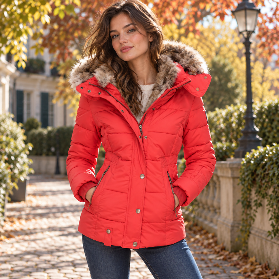 Doudoune femme rouge matelassée à capuche bordée effet fourrure et zip central