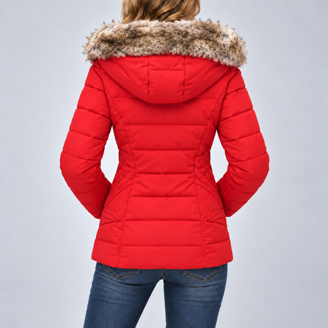 Dos de la doudoune rouge femme, capuche volumineuse et matelassage horizontal