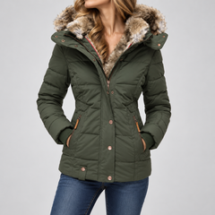 Doudoune vert armée pour femme, zips contrastants et taille ajustée