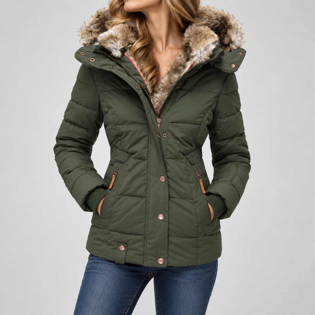 Doudoune vert armée pour femme, zips contrastants et taille ajustée
