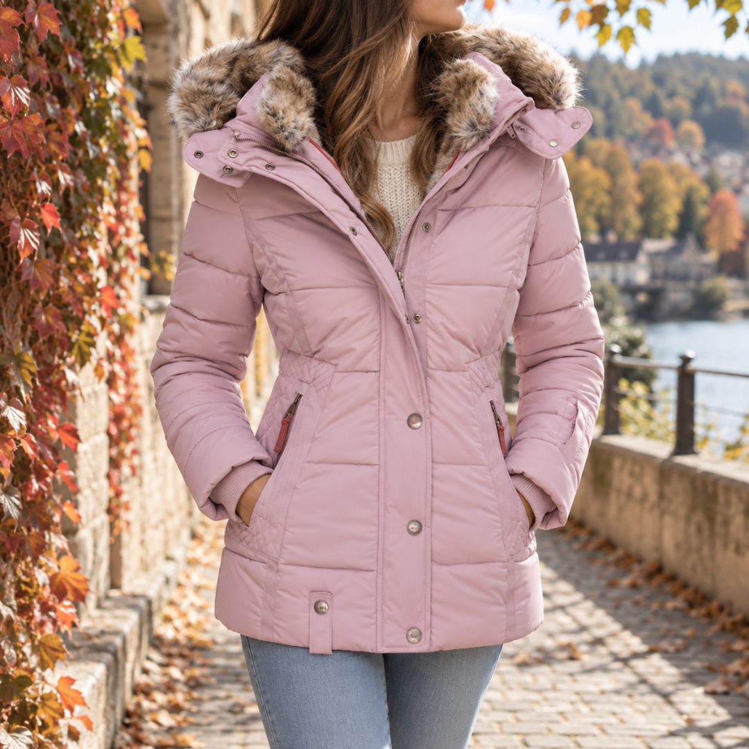 Doudoune femme rose à capuche bordée effet fourrure, boutons-pression et poignets côtelés