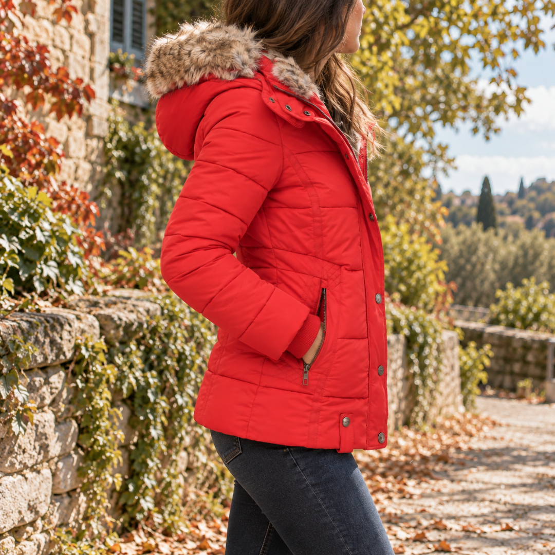 Vue de profil de la doudoune rouge à capuche, poche zippée et poignet en bords-côtes