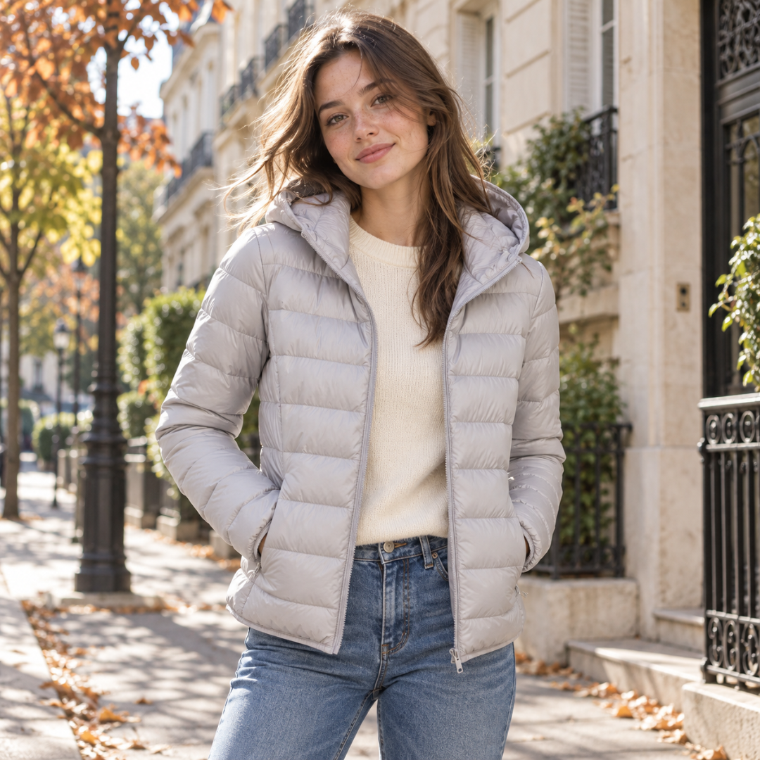 Doudoune femme gris clair zippée à capuche, poches latérales dans les coutures
