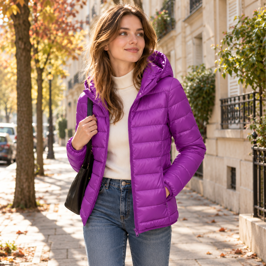 Doudoune femme magenta à capuche et col montant, allure de rue parisienne