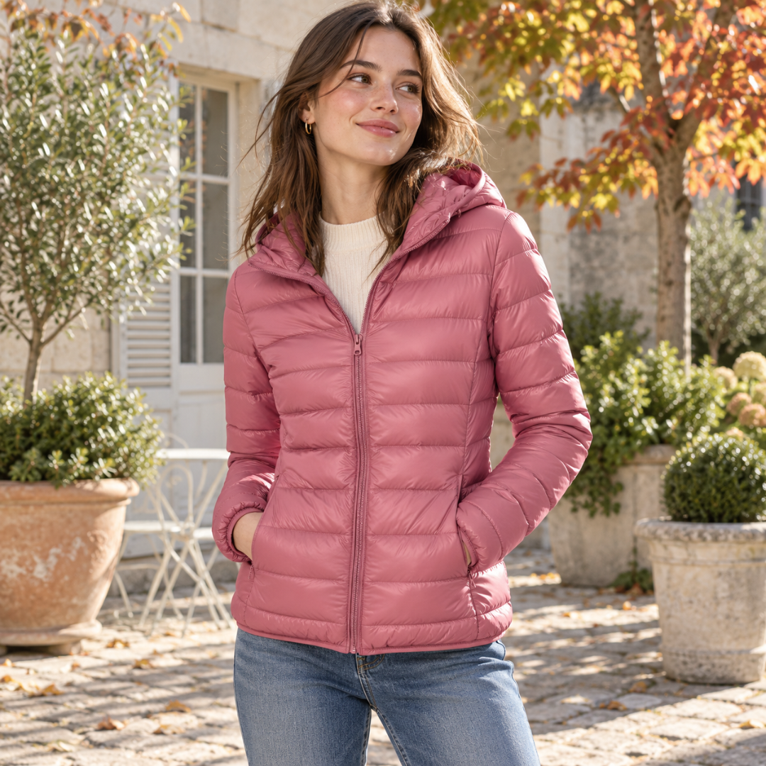 Doudoune femme or rose matelassée à capuche, portée avec un pantalon bleu