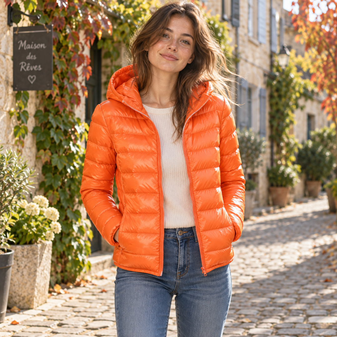 Doudoune femme orange brillante à capuche, ouverte sur un haut clair
