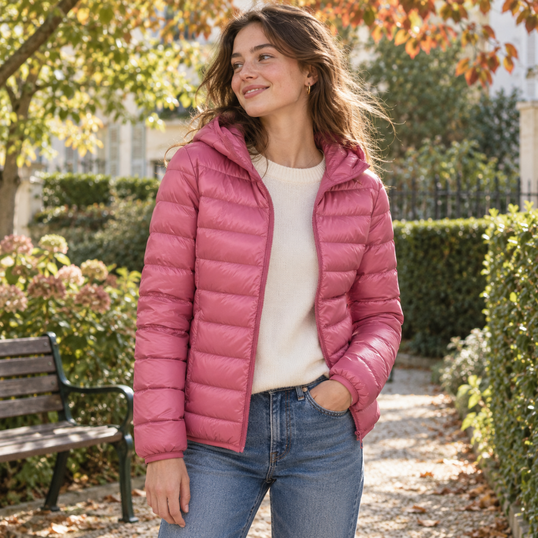 Doudoune femme rose à capuche et zip central, mains dans les poches