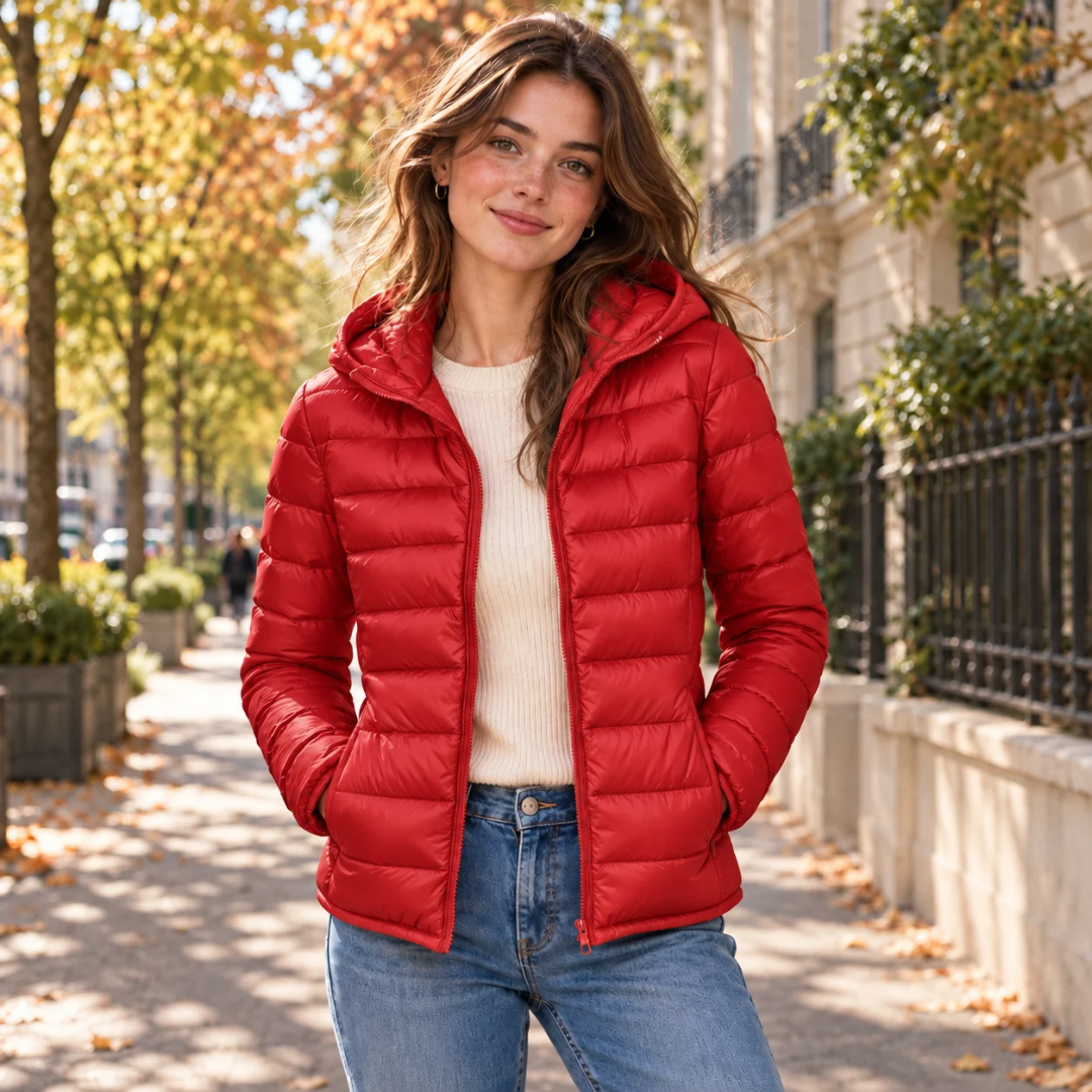 Doudoune femme rouge à capuche portée ouverte sur un haut écru, rue arborée