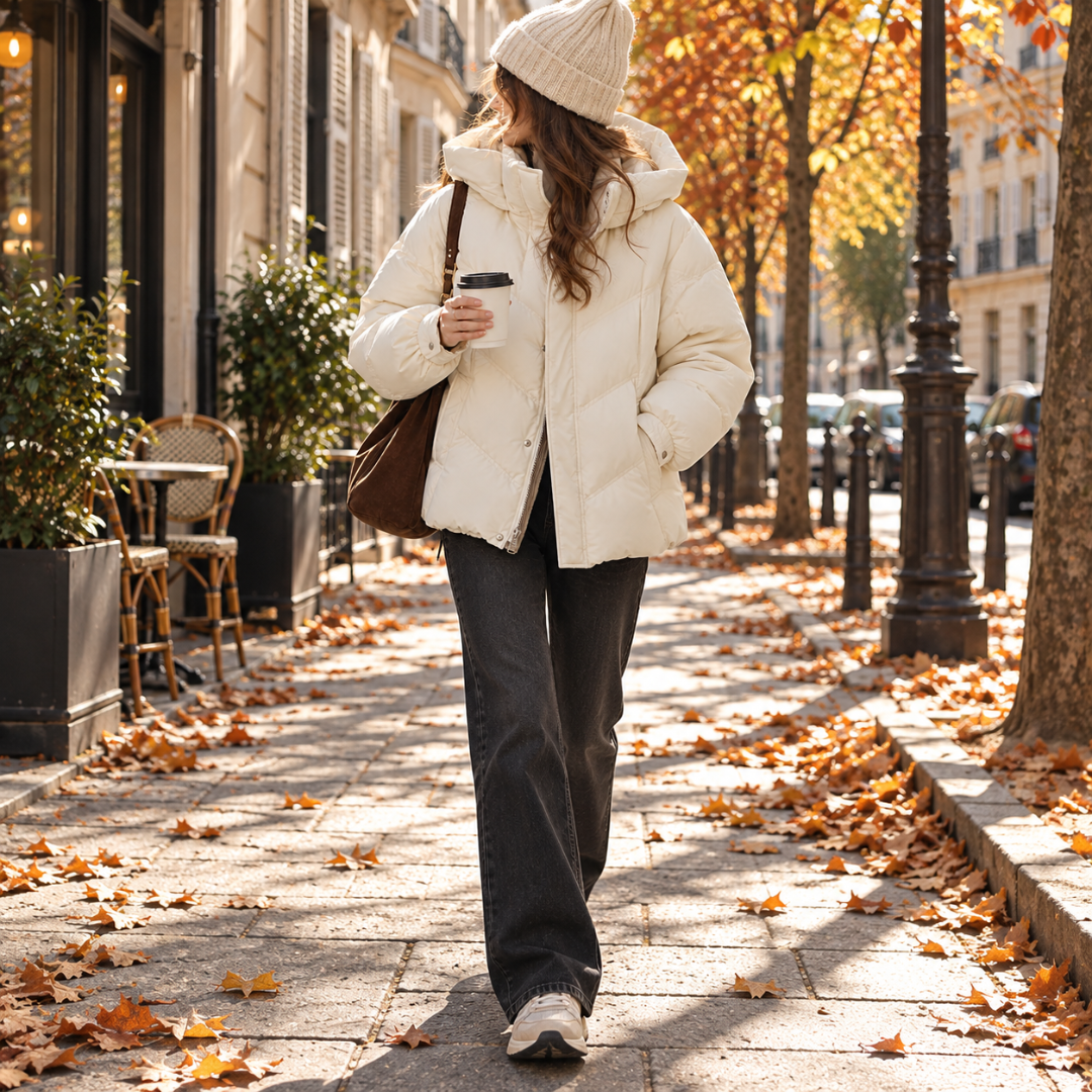 Femme en doudoune blanche à capuche ouverte, patte à boutons-pression visible