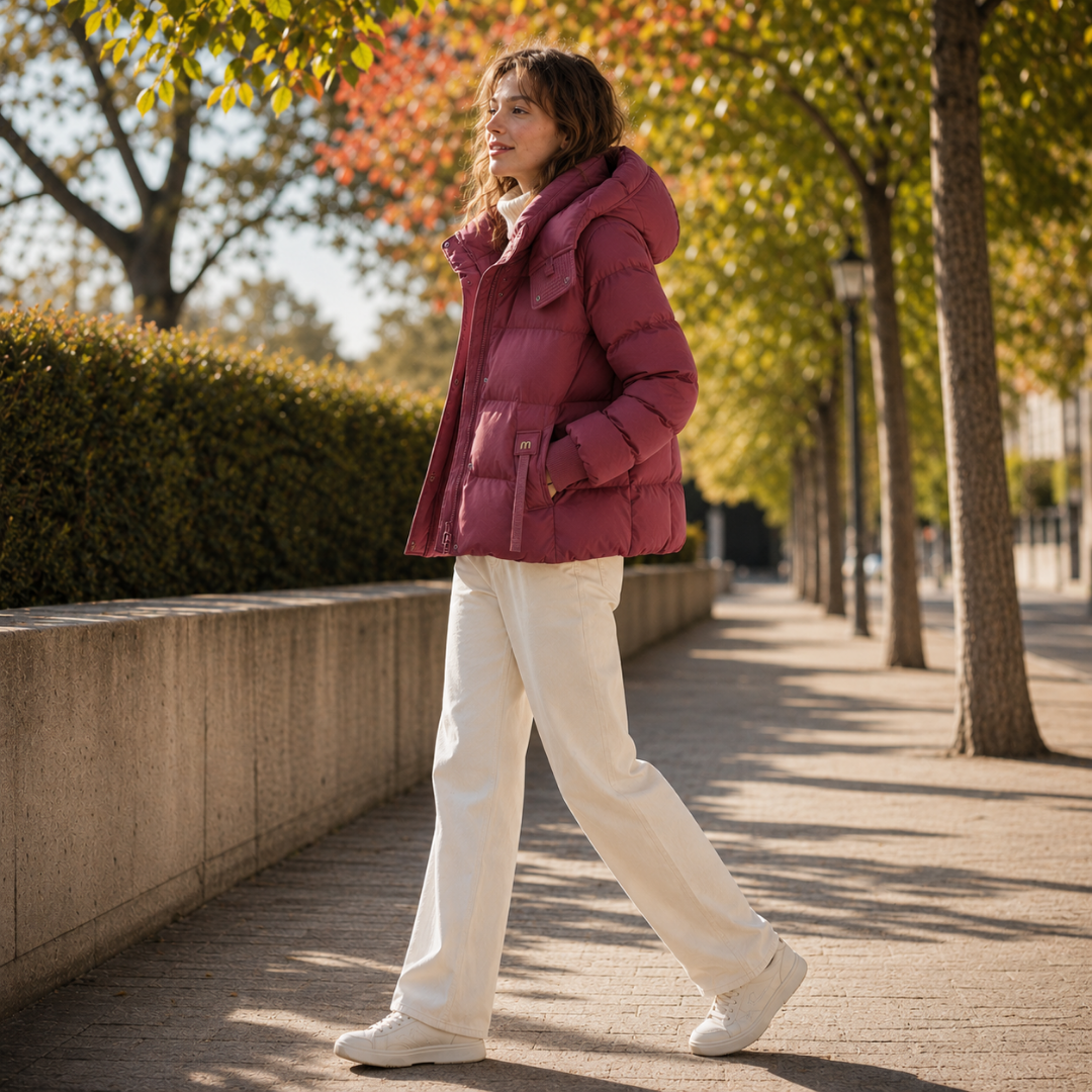 Doudoune femme rouge portée ouverte, fermeture à glissière et patte à boutons pressions
