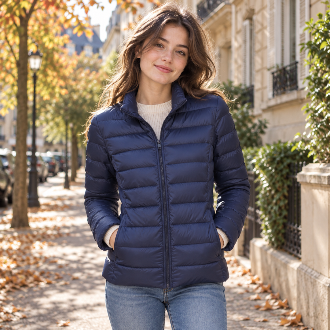 Doudoune bleu marine femme fermée, col montant et poches latérales dans les coutures