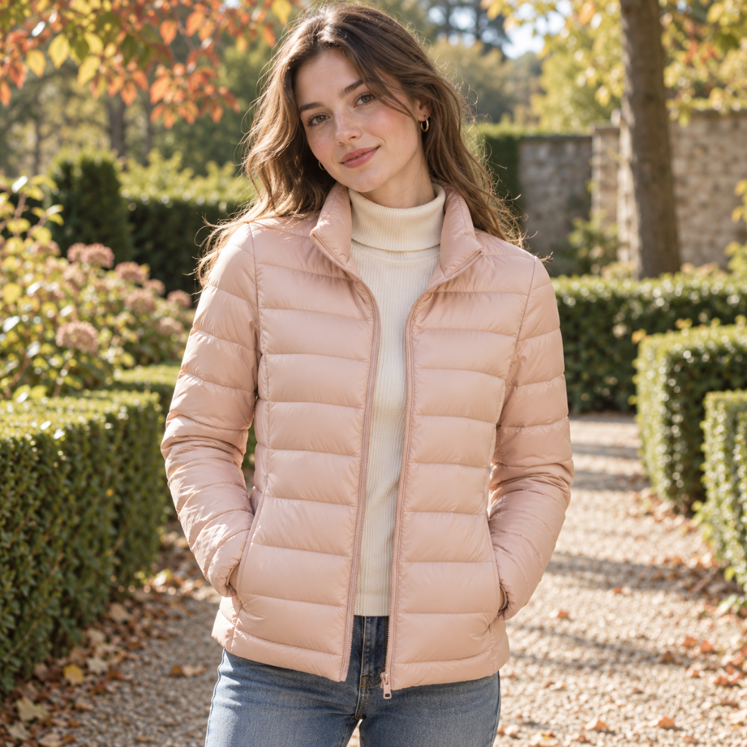 Doudoune femme rose clair ouverte, col montant et fermeture éclair assortie