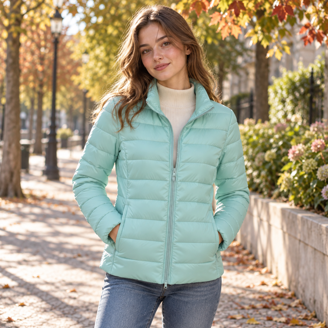 Doudoune femme vert menthe à col montant, mains dans les poches latérales