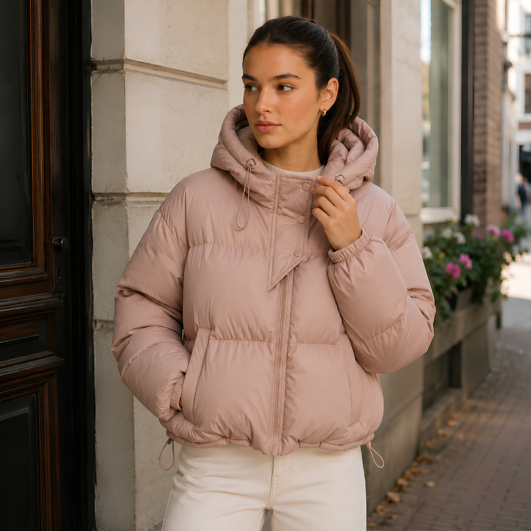 Doudoune femme rose poudré à capuche, zip central et poches devant
