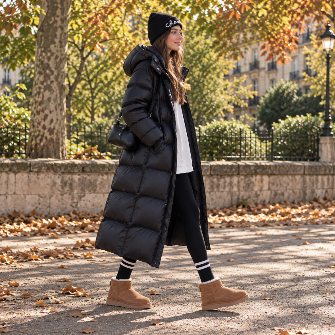 Profil de la doudoune femme noire longue, capuche relevée et surface brillante
