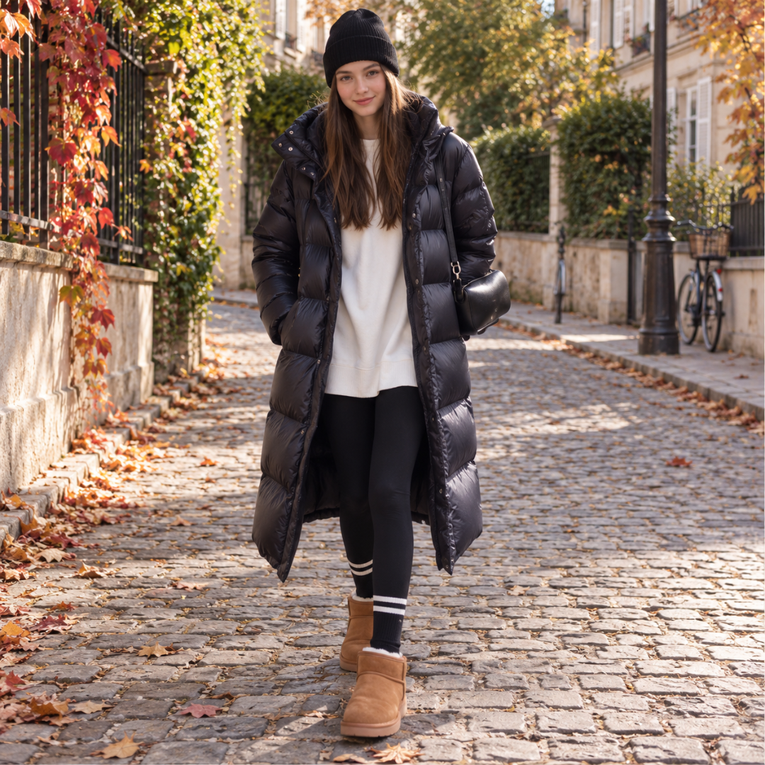 Doudoune longue noire portée sur un pull écru et un legging noir