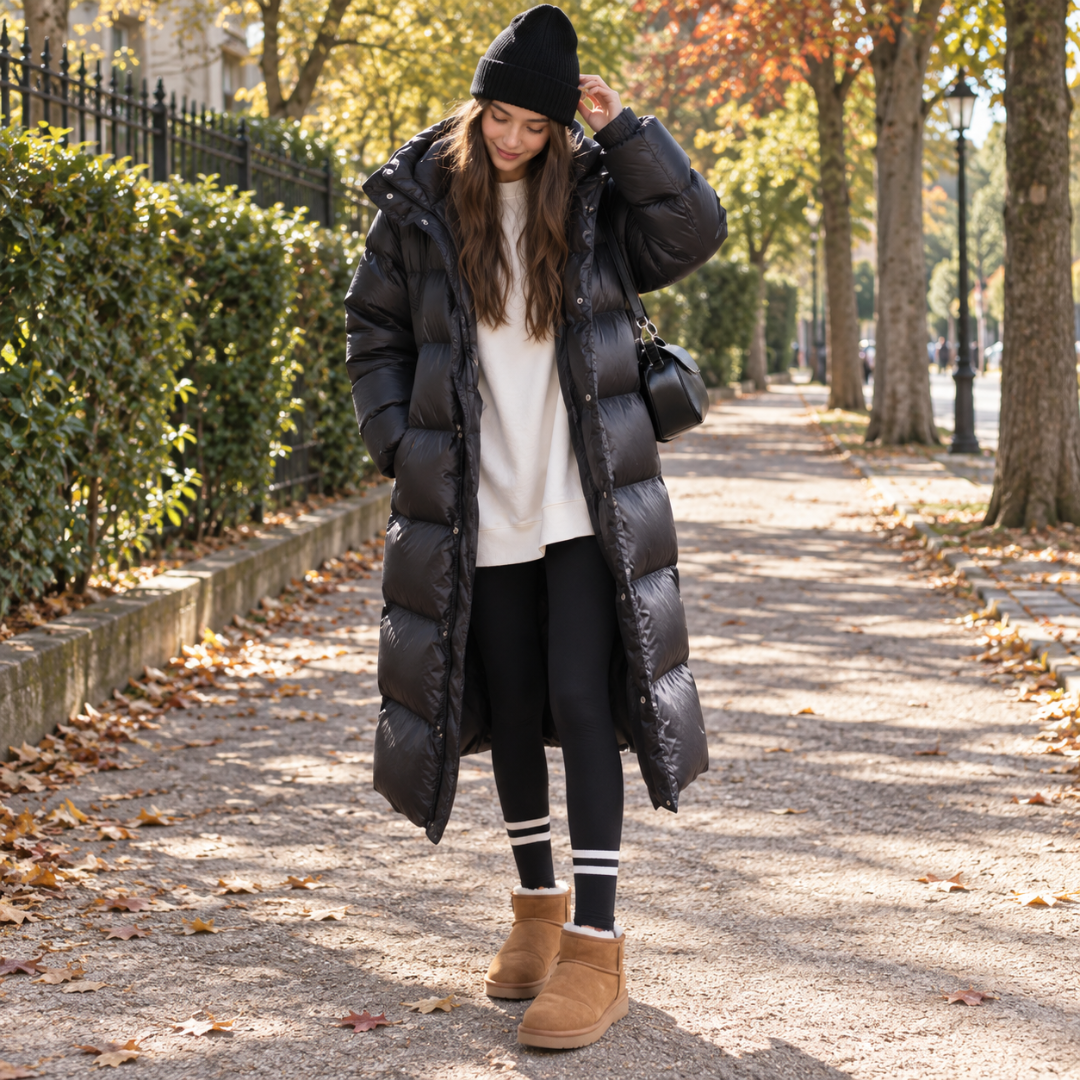 Doudoune femme noire longue brillante avec capuche et patte boutonnée