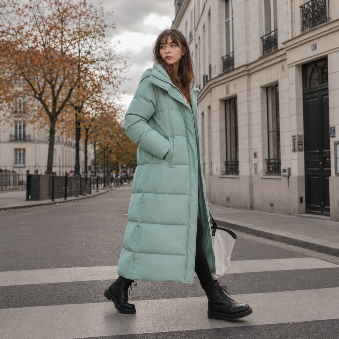 Doudoune femme longue vert d'eau à capuche et col montant, portée en ville