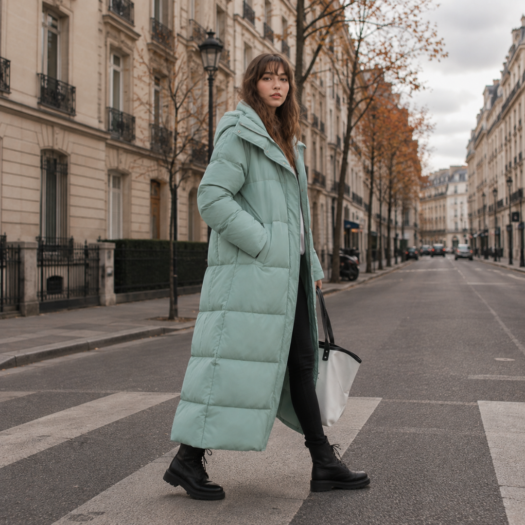 Doudoune femme verte à fermeture zippée et patte à boutons-pression, coupe longue