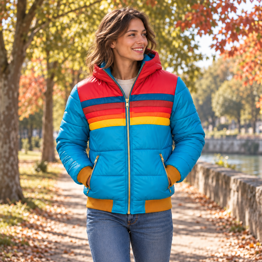 Doudoune femme bleu ciel à rayures multicolores, capuche rouge et fermeture zippée dorée