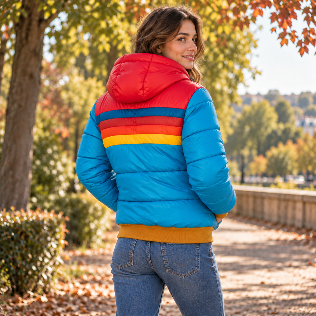 Dos de la doudoune bleu ciel avec capuche rouge et bandes multicolores