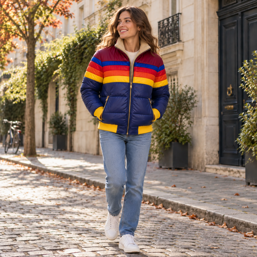 Doudoune femme bleu marine à rayures multicolores, col montant et poignets jaunes
