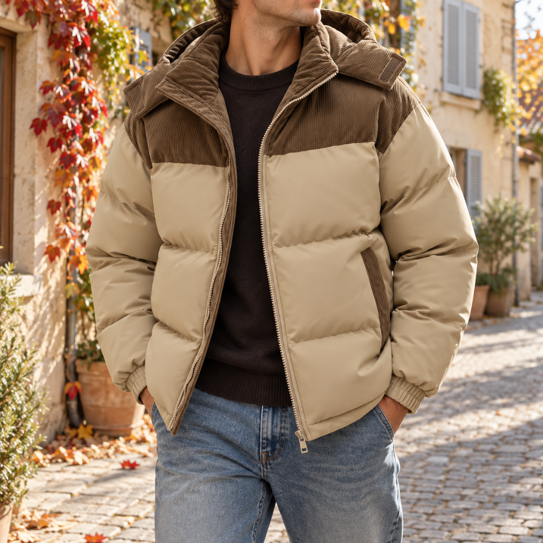 Doudoune homme beige à empiècements marron côtelés et fermeture éclair