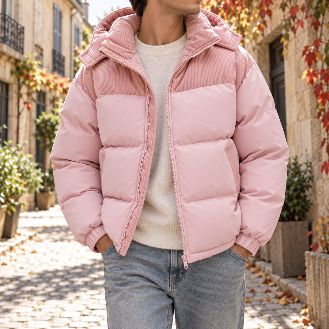 Doudoune homme rose à capuche côtelée, portée ouverte dans la rue