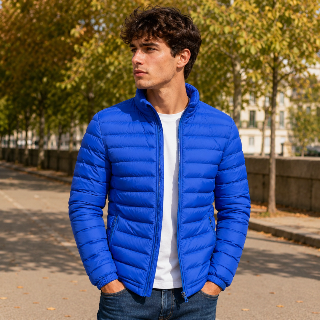 Doudoune homme bleu roi à matelassage horizontal et fermeture zippée sur toute la hauteur