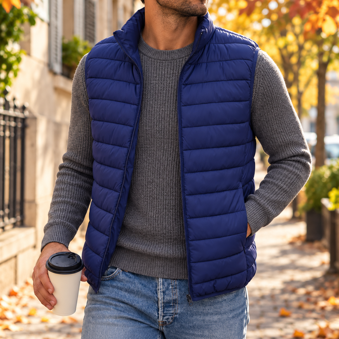 Doudoune sans manches bleue ouverte, matelassage horizontal et col montant, portée sur un pull gris