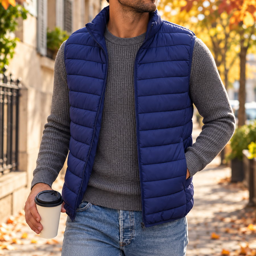 Doudoune sans manches bleue ouverte, matelassage horizontal et col montant, portée sur un pull gris