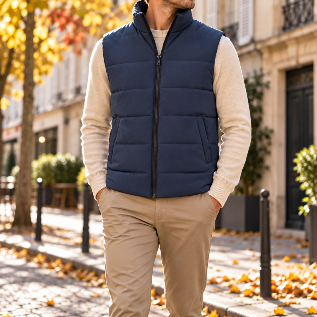 Doudoune sans manches bleu marine homme portée ouverte sur un pull clair