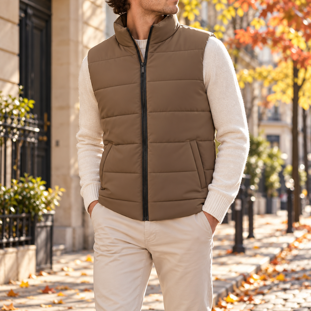 Doudoune sans manches marron homme, col montant et matelassage horizontal marqué