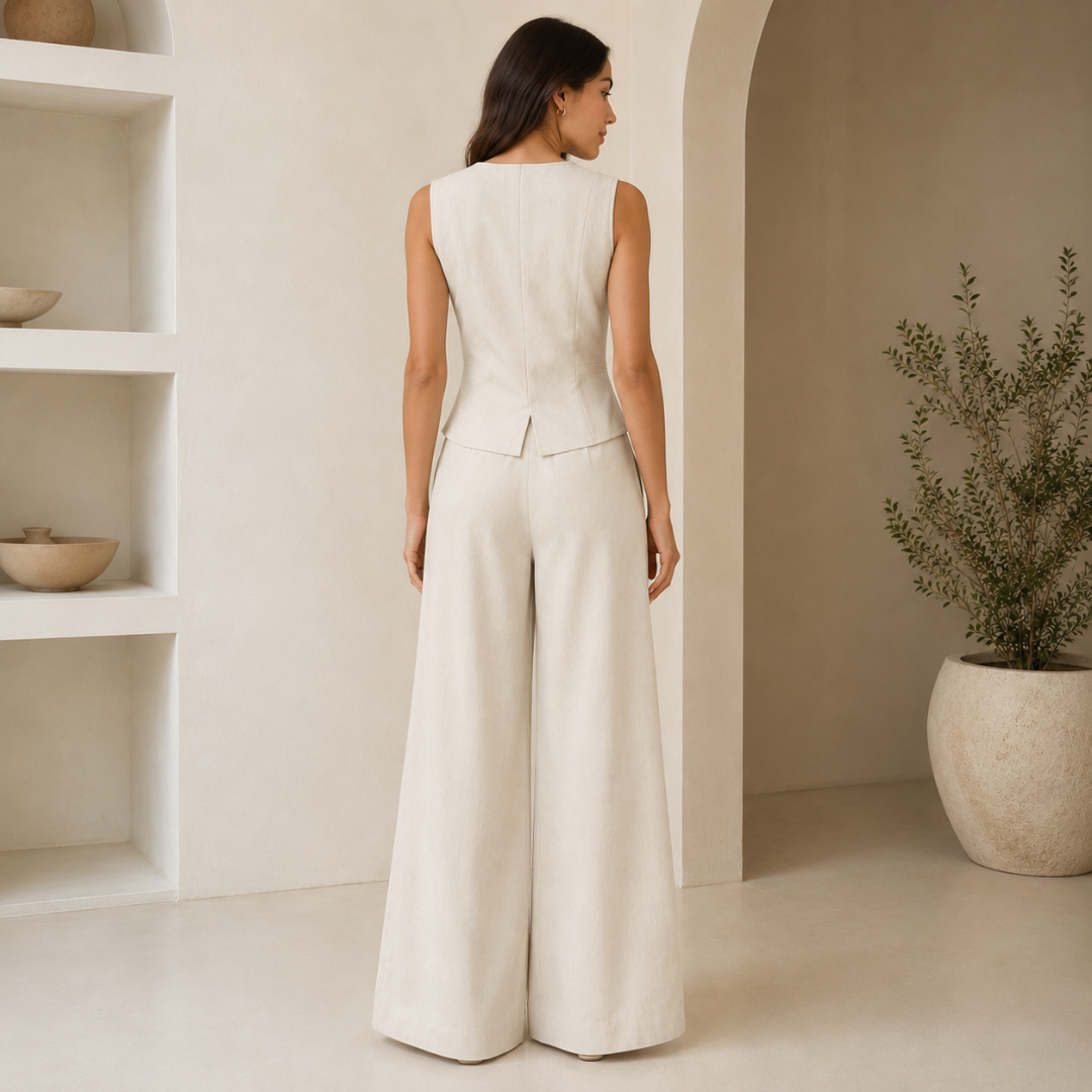 Vue de face de l'ensemble kaki avec gilet boutonné