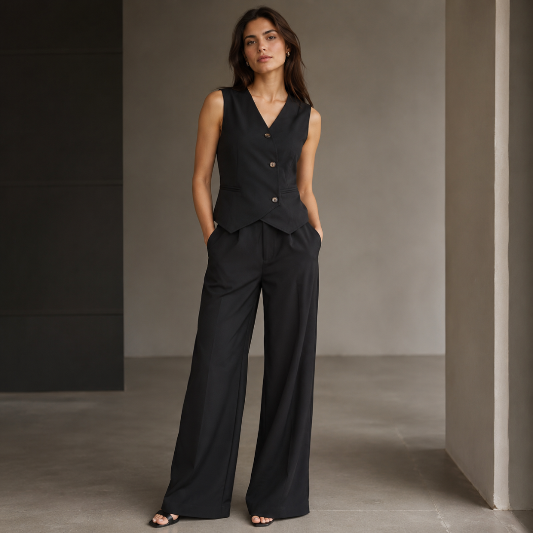 Femme portant l'ensemble gilet et pantalon en noir