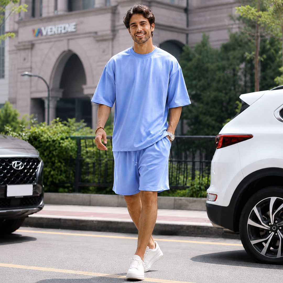 Homme souriant portant un ensemble t-shirt et short bleu clair oversize dans la rue