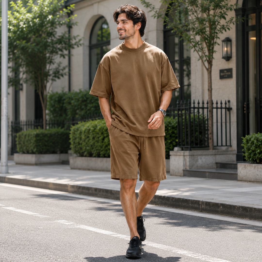 Homme en ensemble marron, vue de dos lors d'une balade en ville
